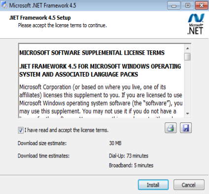 Accepting the Microsoft .NET license agreement